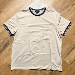 Ben Sherman Beige Mens Crew Neck Pocket T-shirt Navy Tipping Collar Sleeve Large